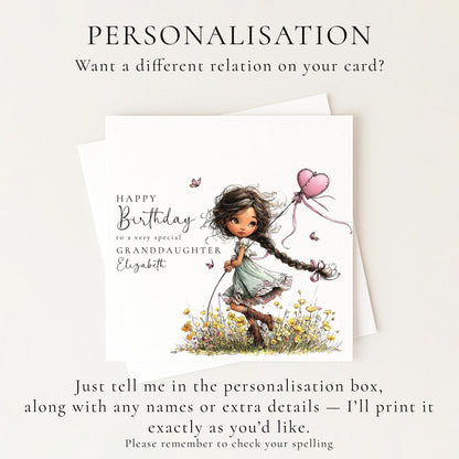 Whimsi Lilley granddaughter birthday card featuring a girl with black hair, perfect for kids' birthday celebrations.