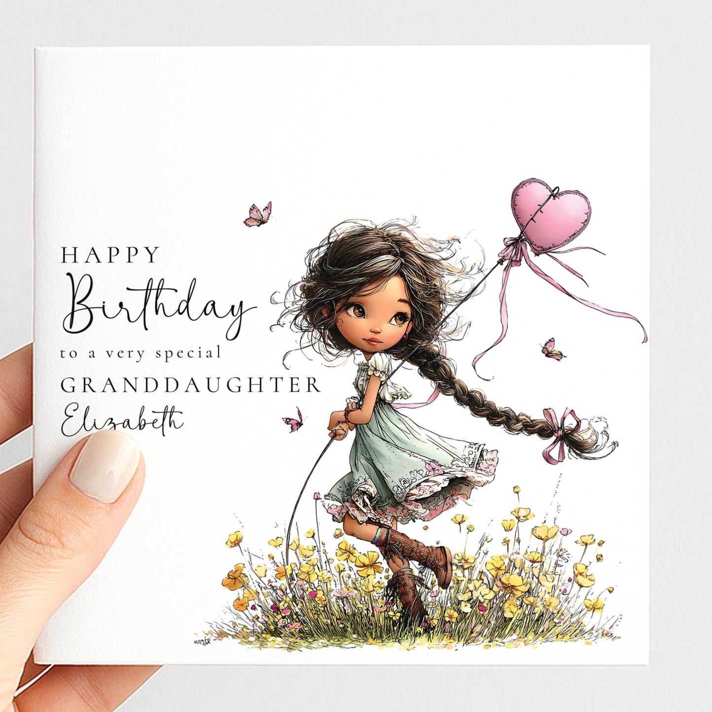 Whimsi Lilley granddaughter birthday card featuring a girl with black hair, perfect for kids' birthday celebrations.