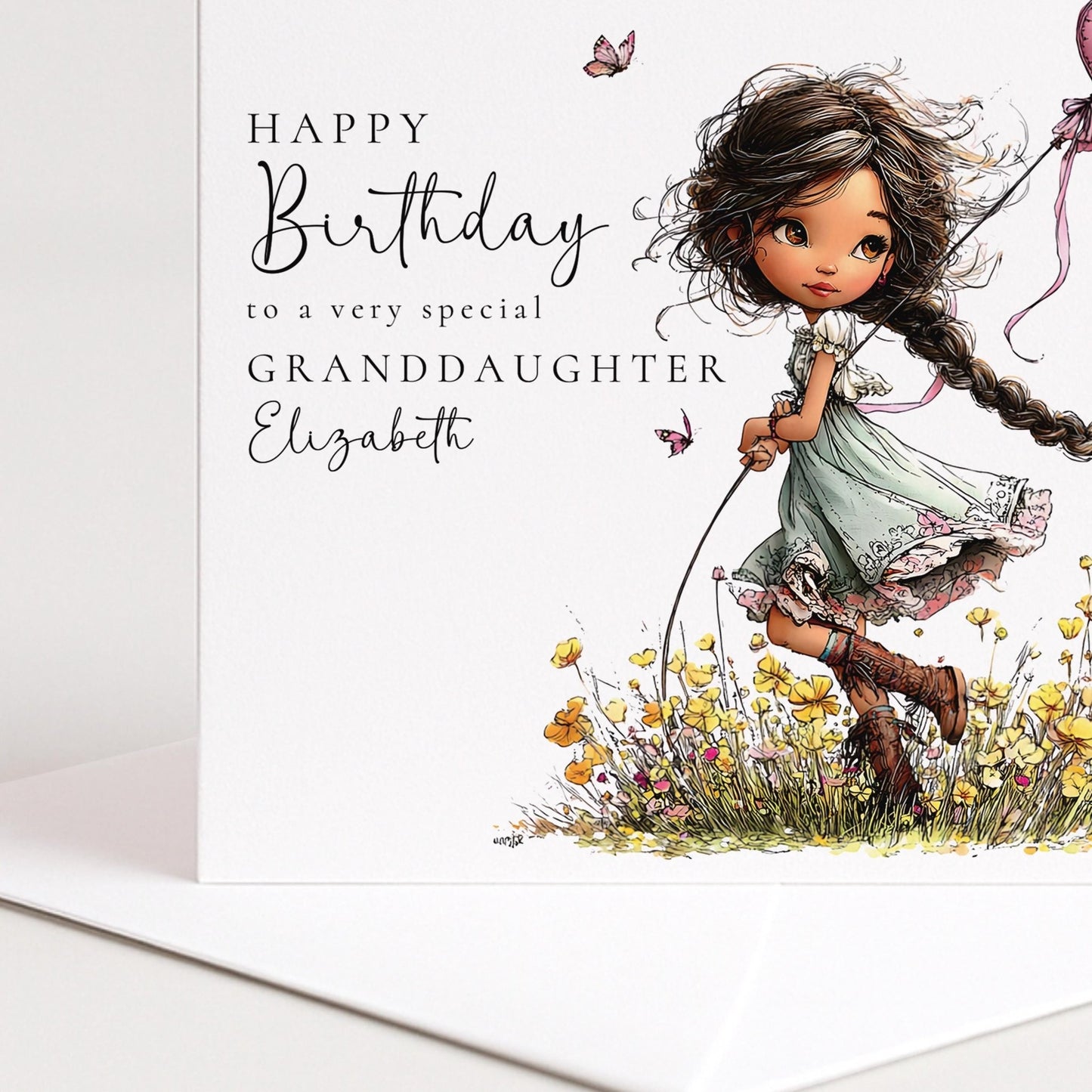 Whimsi Lilley granddaughter birthday card featuring a girl with black hair, perfect for kids' birthday celebrations.