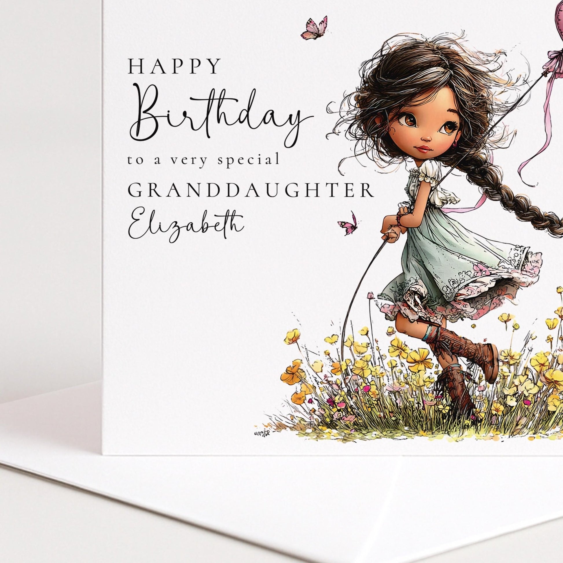 Whimsi Lilley granddaughter birthday card featuring a girl with black hair, perfect for kids' birthday celebrations.