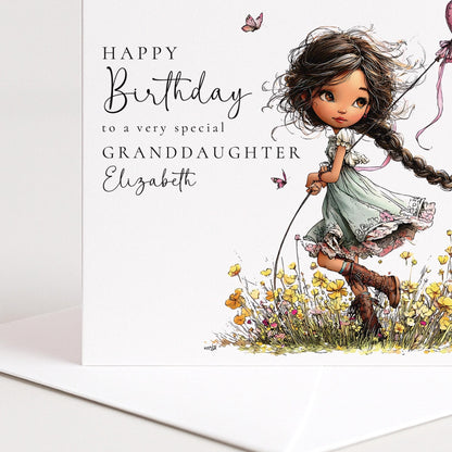 Whimsi Lilley granddaughter birthday card featuring a girl with black hair, perfect for kids' birthday celebrations.