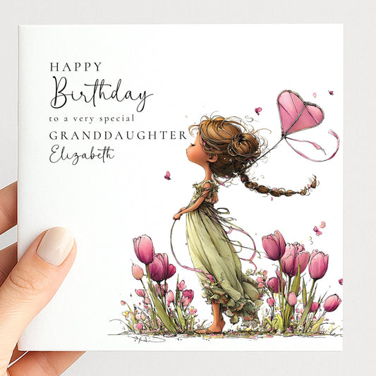 Whimsi Lilley granddaughter birthday card featuring a brunette-haired girl, perfect for kids' birthday celebrations.
