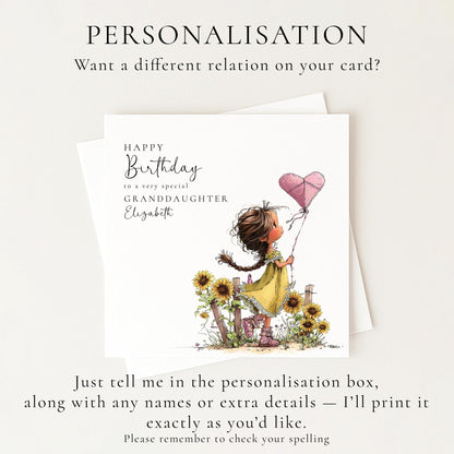 Whimsi Lilley granddaughter birthday card with a colorful heart-shaped kite design, perfect for kids' birthday celebrations.