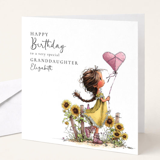 Whimsi Lilley birthday card for granddaughter featuring a heart-shaped kite design, perfect for kids' birthday celebrations.