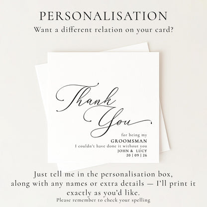 Whimsi Lilley Groomsman Thank You Card featuring "Will You Be..." message with elegant design and floral accents.