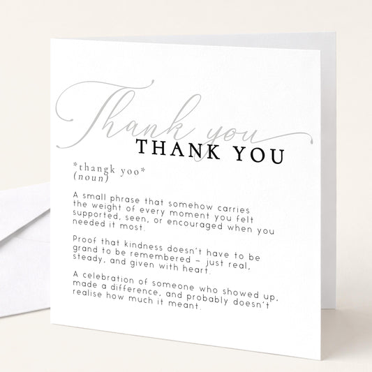 Elegant thank you card with heartfelt dictionary definition design and calligraphy lettering, printed on 300gsm card