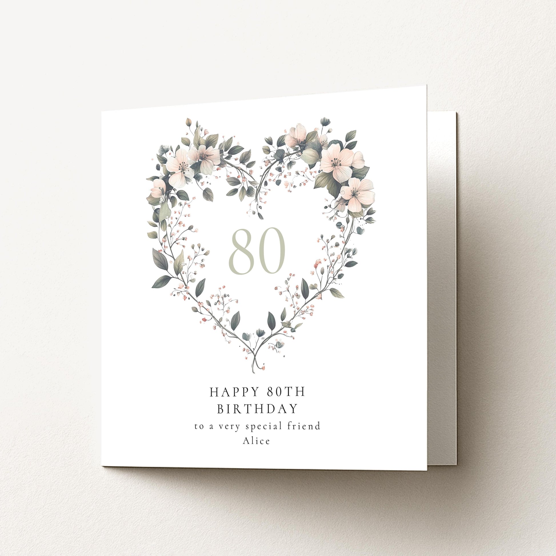 80th Birthday Card for Her, Floral Heart Milestone Birthday Card, Personalised Name Card, Special Friend Birthday Card for Women