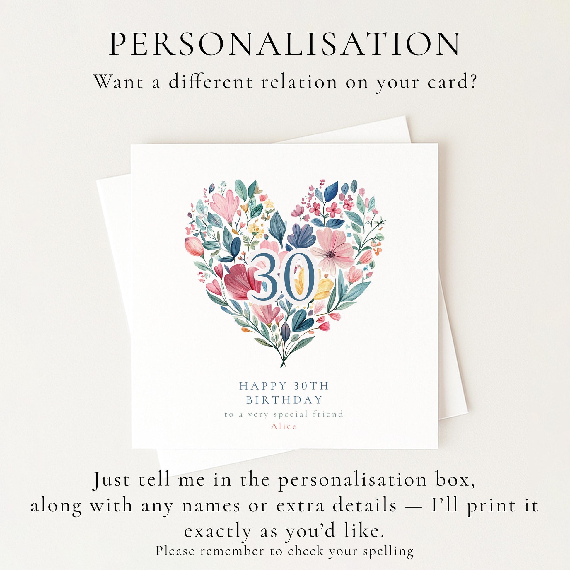 30th Birthday Card for Her, Floral Heart Milestone Birthday Card, Personalised Birthday Card for Women, Special Friend Card