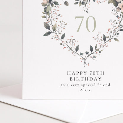 70th Birthday Card for Her, Floral Heart Milestone Birthday Card, Personalised Name Birthday Card, Special Friend Card for Women