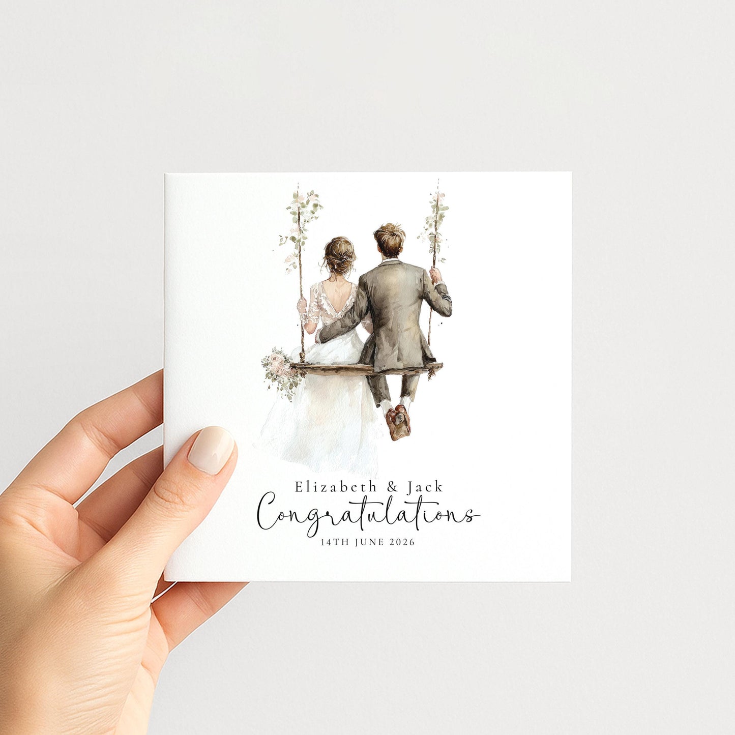 Personalised Wedding Card, Bride & Groom Congratulations Swing Card, Custom Names and Date Wedding Card, Romantic Newlywed Printed Card