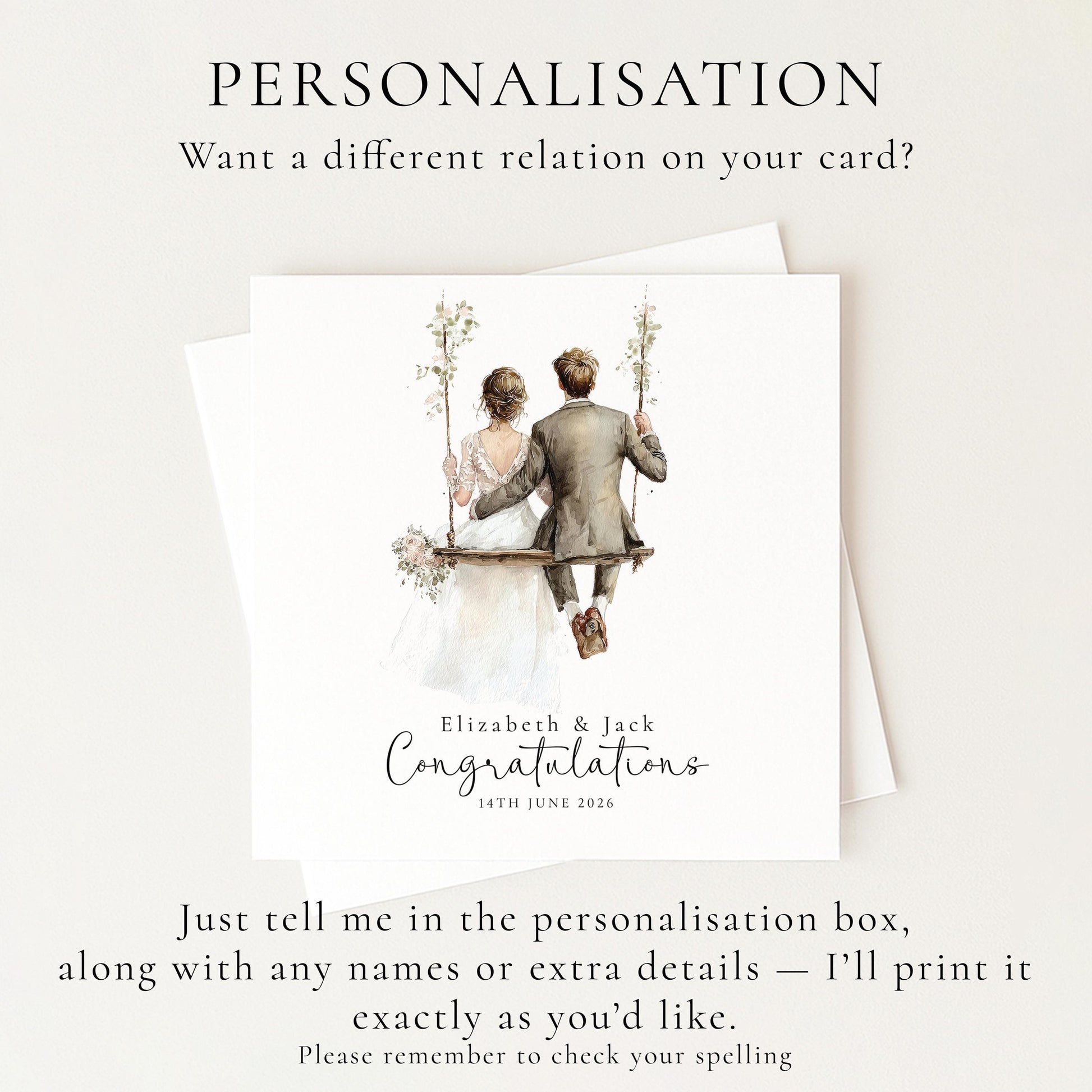 Personalised Wedding Card, Bride & Groom Congratulations Swing Card, Custom Names and Date Wedding Card, Romantic Newlywed Printed Card