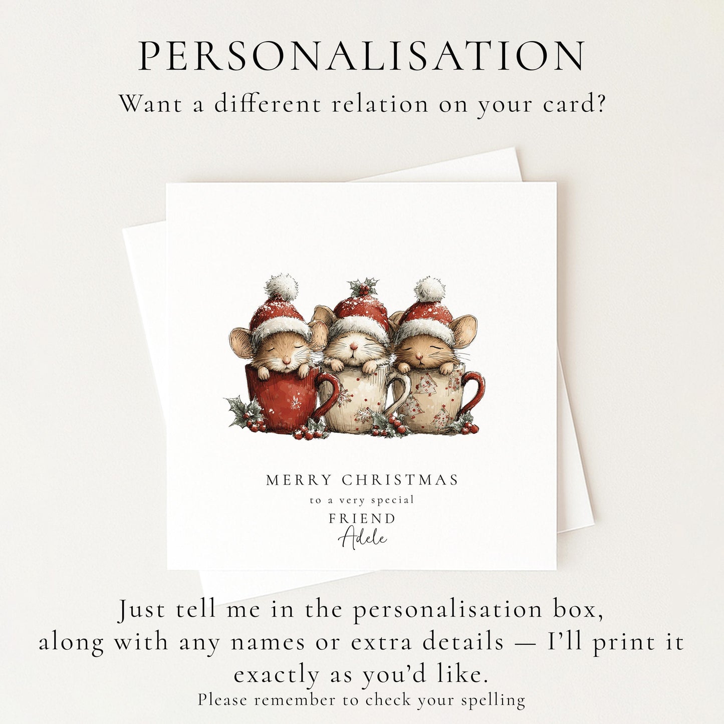 Friend Christmas Card, Cute Mice Christmas Card, Personalised Friend Xmas Card, Cosy Mug Mice Card, Custom Name Printed Christmas Card