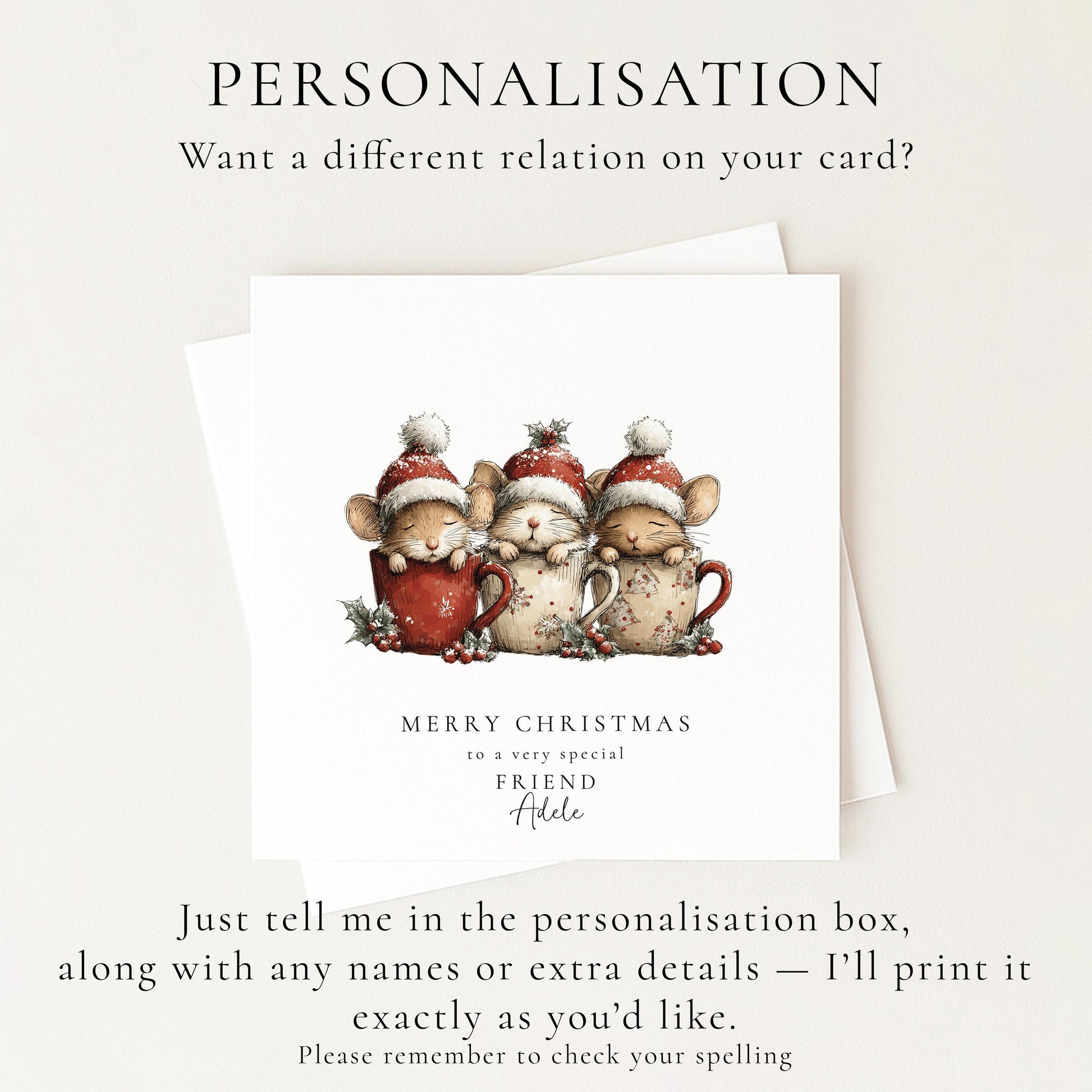 Friend Christmas Card, Cute Mice Christmas Card, Personalised Friend Xmas Card, Cosy Mug Mice Card, Custom Name Printed Christmas Card