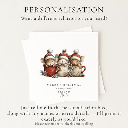 Friend Christmas Card, Cute Mice Christmas Card, Personalised Friend Xmas Card, Cosy Mug Mice Card, Custom Name Printed Christmas Card
