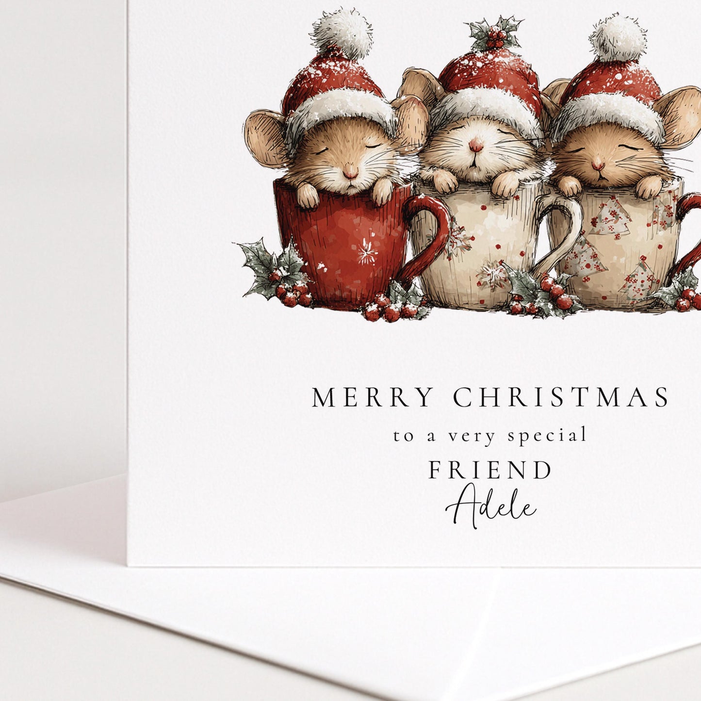 Friend Christmas Card, Cute Mice Christmas Card, Personalised Friend Xmas Card, Cosy Mug Mice Card, Custom Name Printed Christmas Card