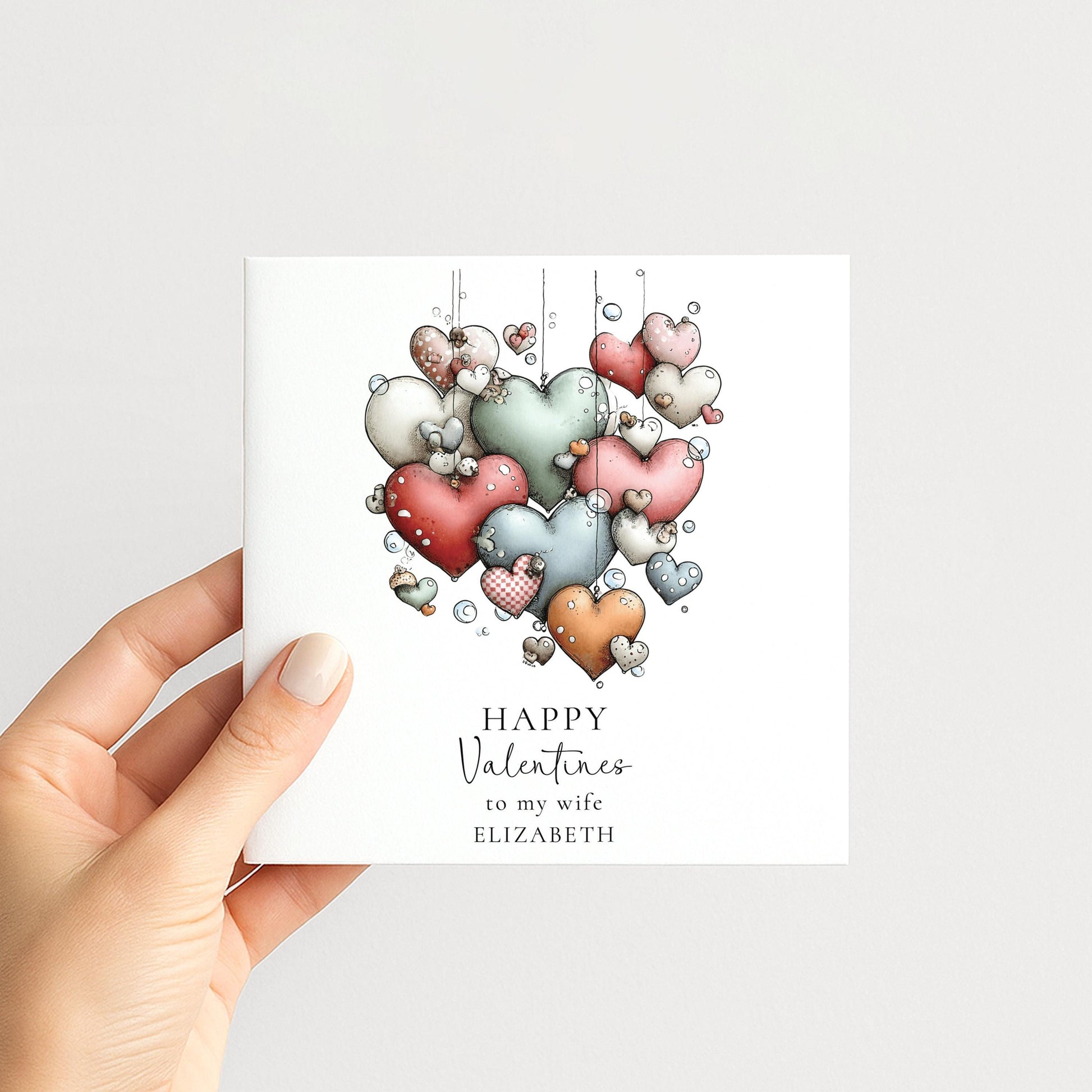 Valentines Card for Wife, Cute Hanging Hearts Valentine Card, Personalised Wife Valentine’s Day Card, Romantic Printed Card
