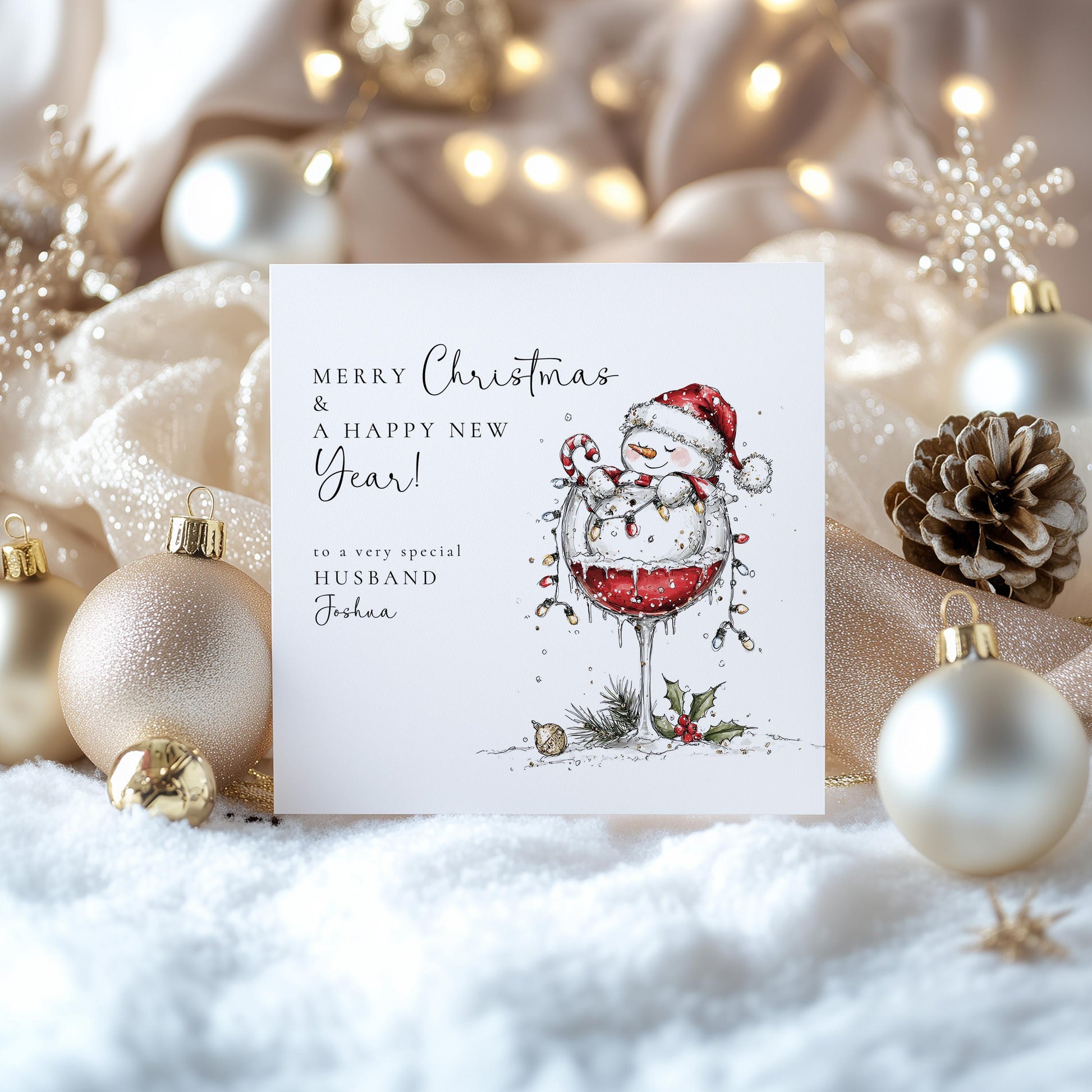 Husband Christmas & New Year Card, Funny Snowman Card, Personalised Xmas Card for Husband, Custom Name Card, Festive Wine Glass Card UK