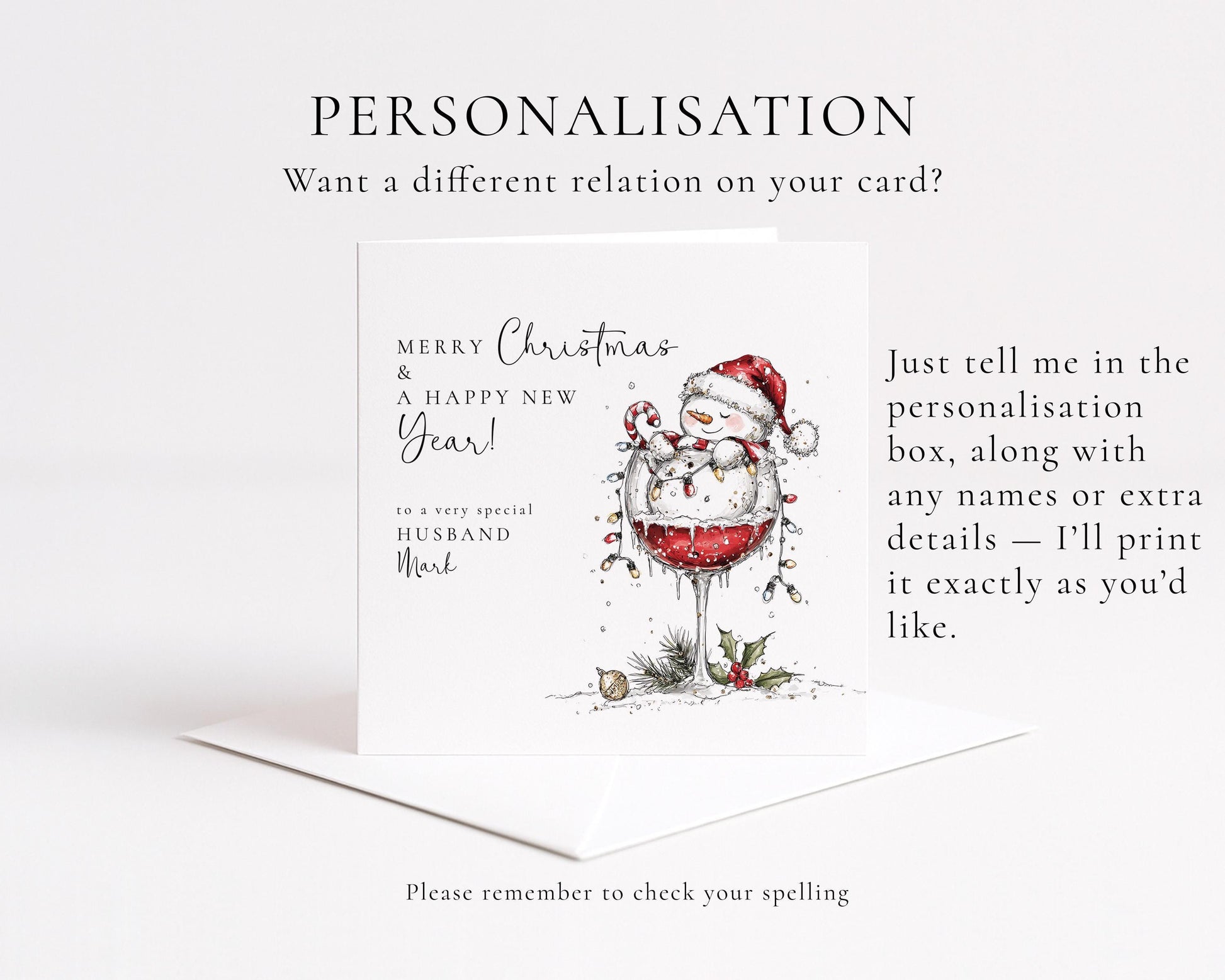 Husband Christmas & New Year Card, Funny Snowman Card, Personalised Xmas Card for Husband, Custom Name Card, Festive Wine Glass Card UK