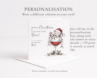 Husband Christmas & New Year Card, Funny Snowman Card, Personalised Xmas Card for Husband, Custom Name Card, Festive Wine Glass Card UK