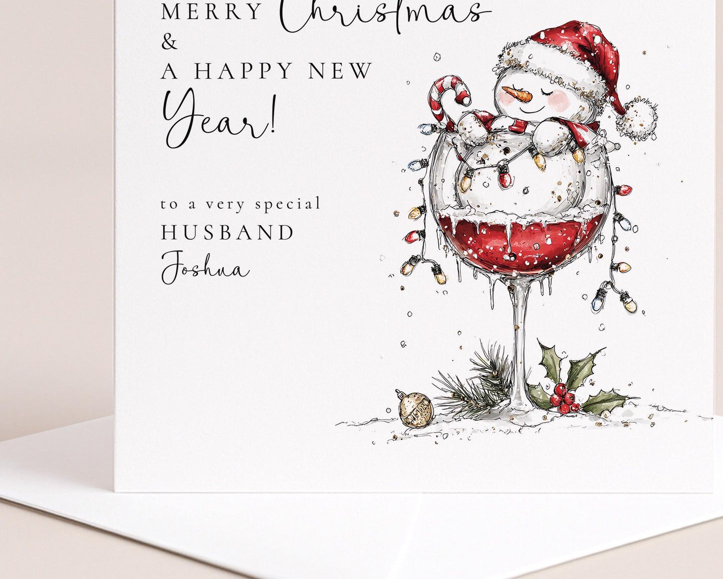 Husband Christmas & New Year Card, Funny Snowman Card, Personalised Xmas Card for Husband, Custom Name Card, Festive Wine Glass Card UK