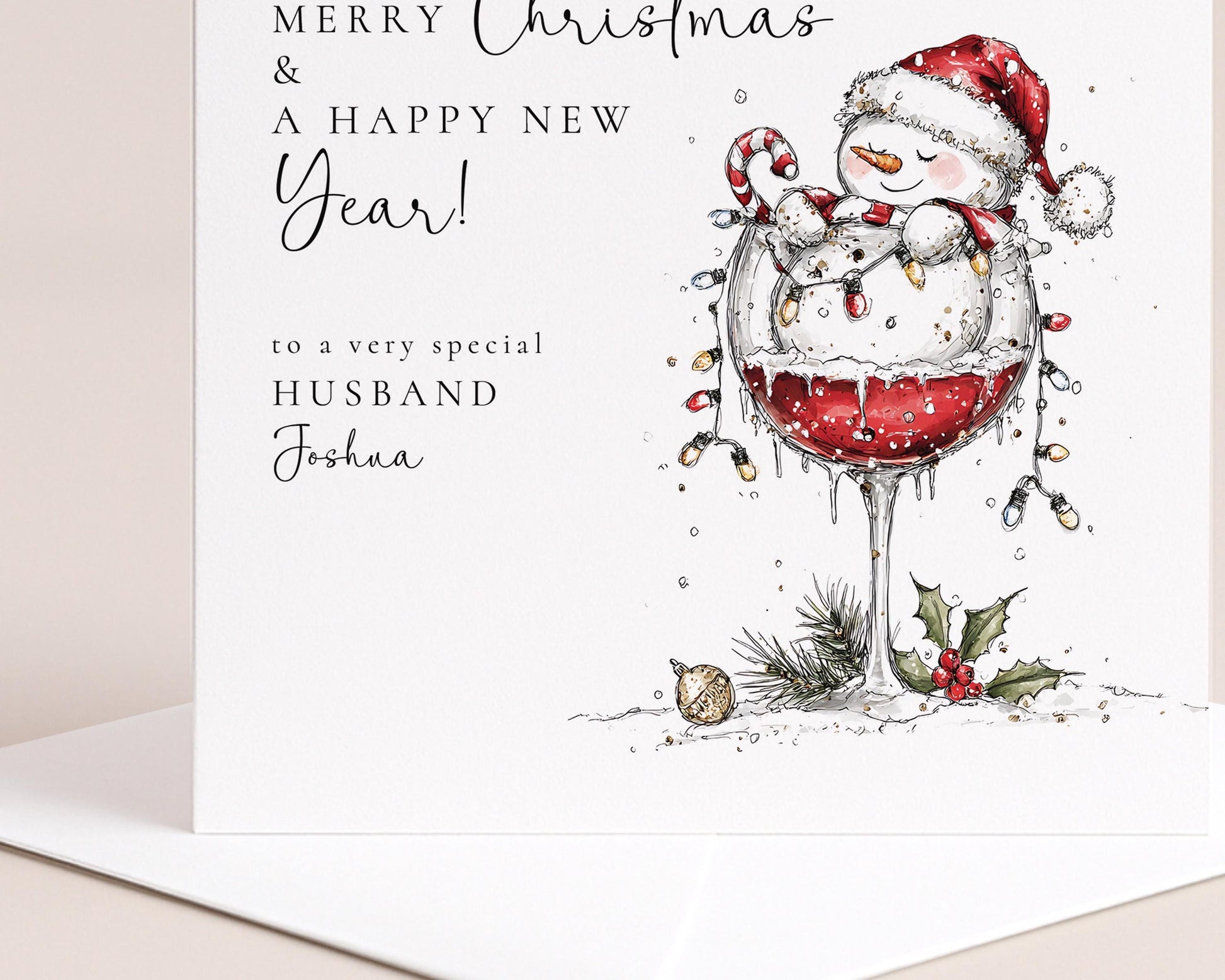 Husband Christmas & New Year Card, Funny Snowman Card, Personalised Xmas Card for Husband, Custom Name Card, Festive Wine Glass Card UK