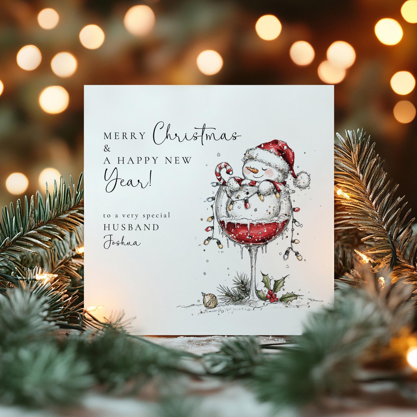 Husband Christmas & New Year Card, Funny Snowman Card, Personalised Xmas Card for Husband, Custom Name Card, Festive Wine Glass Card UK