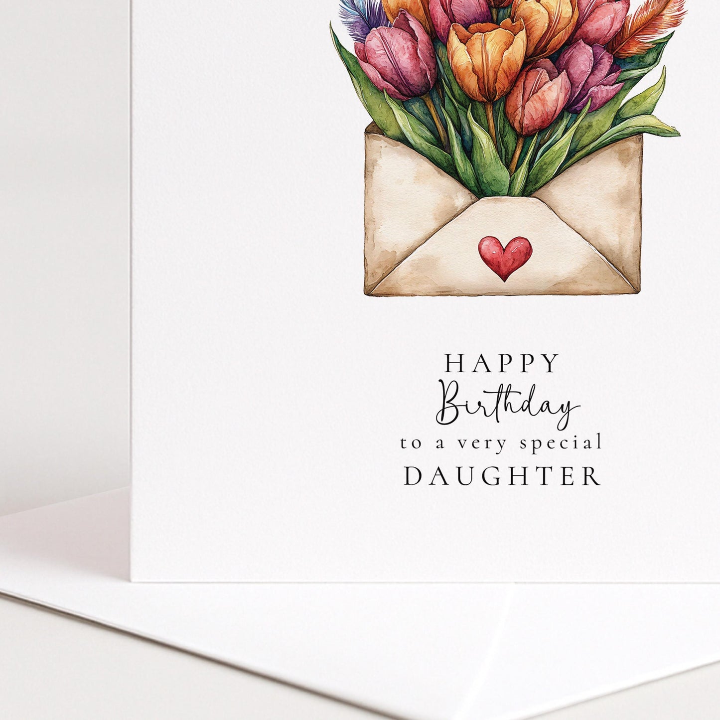 Happy Birthday Daughter Card, Floral Envelope Design, Tulip Birthday Card for Daughter, Elegant Handmade Card