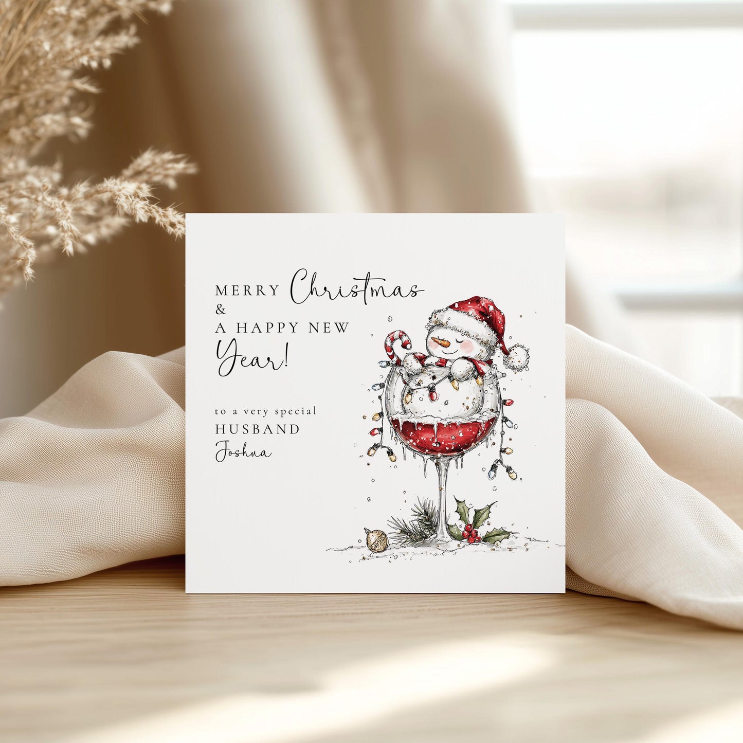 Husband Christmas & New Year Card, Funny Snowman Card, Personalised Xmas Card for Husband, Custom Name Card, Festive Wine Glass Card UK