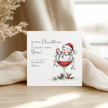 Husband Christmas & New Year Card, Funny Snowman Card, Personalised Xmas Card for Husband, Custom Name Card, Festive Wine Glass Card UK