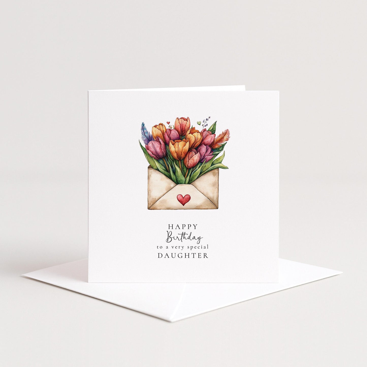 Happy Birthday Daughter Card, Floral Envelope Design, Tulip Birthday Card for Daughter, Elegant Handmade Card
