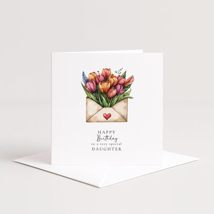 Happy Birthday Daughter Card, Floral Envelope Design, Tulip Birthday Card for Daughter, Elegant Handmade Card