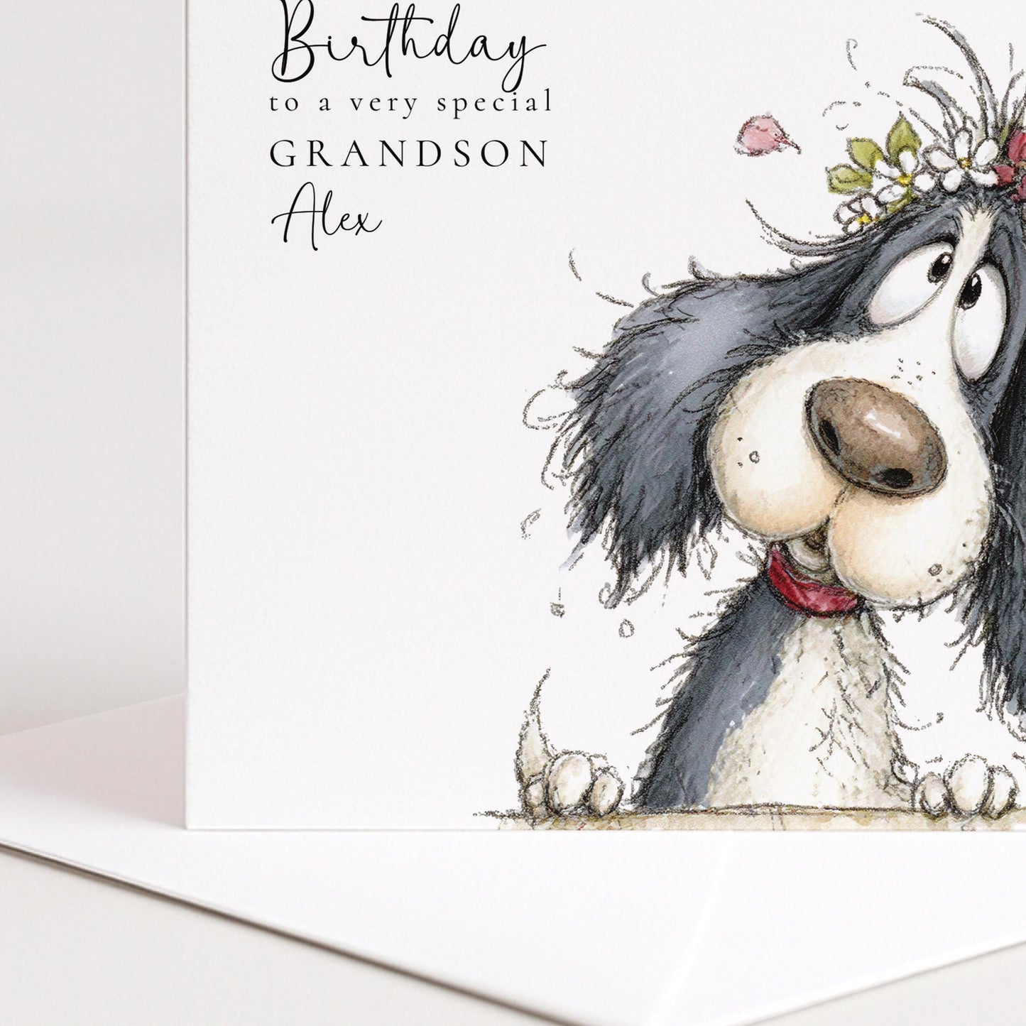 Grandson Birthday Card, Cute Dog Birthday Card for Grandson, Personalised Grandson Card, Floral Dog Illustration, Printed Birthday Card