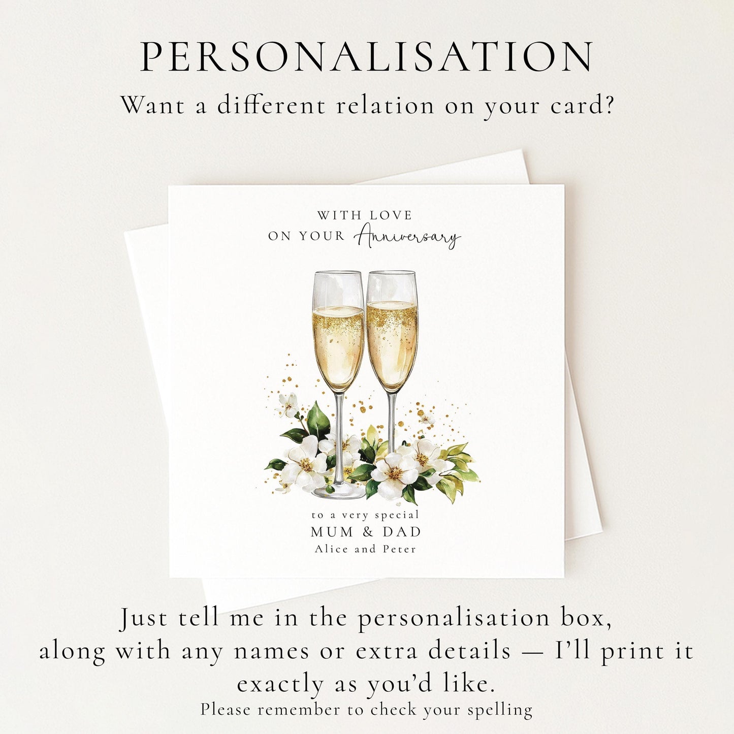 Anniversary Card for Mum and Dad, Personalised Parents Anniversary Card, Champagne Glasses Wedding Anniversary Card