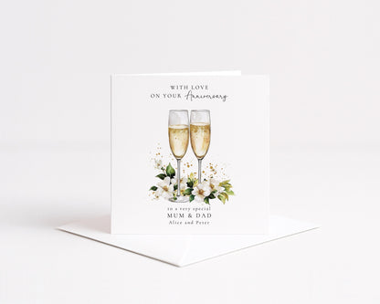Anniversary Card for Mum and Dad, Personalised Parents Anniversary Card, Champagne Glasses Wedding Anniversary Card