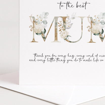 Elegant Floral Mum Birthday Mothers Day Card: Gold Lettering, Keepsake Design