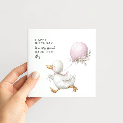 Daughter Birthday Card, Personalised Birthday Card for Daughter, Cute Duck & Balloon Design, Custom Name Birthday Greeting