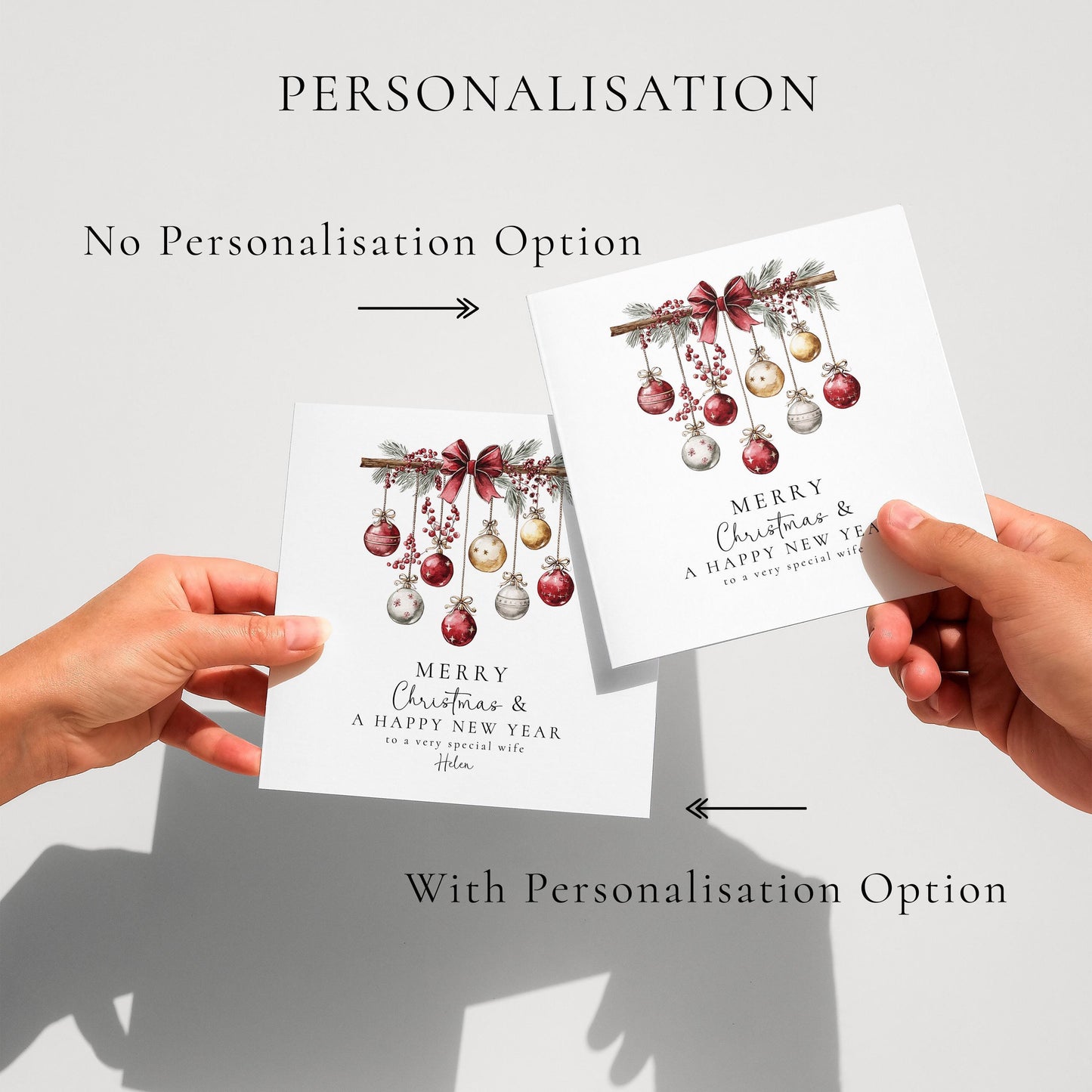 Christmas Wife Card, Personalised Merry Christmas Card for Wife, Custom Name Bauble Card, Festive Holiday Greeting for Her