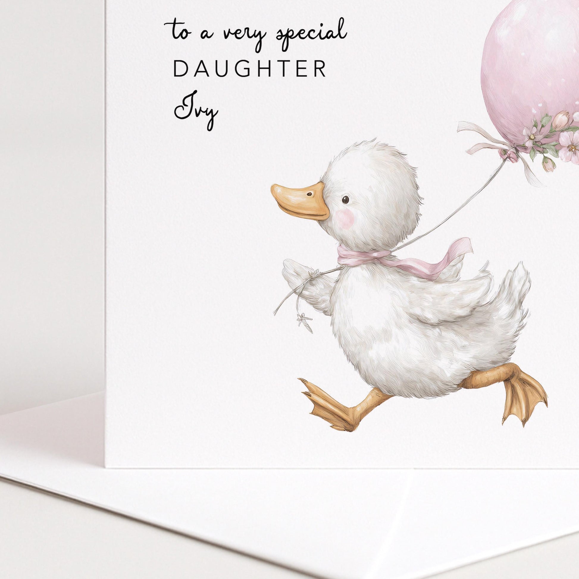 Daughter Birthday Card, Personalised Birthday Card for Daughter, Cute Duck & Balloon Design, Custom Name Birthday Greeting