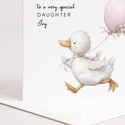 Daughter Birthday Card, Personalised Birthday Card for Daughter, Cute Duck & Balloon Design, Custom Name Birthday Greeting