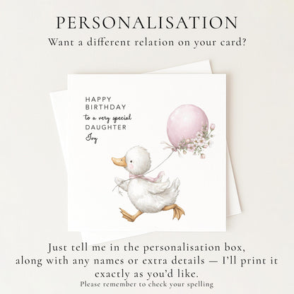 Daughter Birthday Card, Personalised Birthday Card for Daughter, Cute Duck & Balloon Design, Custom Name Birthday Greeting