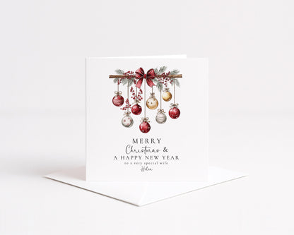 Christmas Wife Card, Personalised Merry Christmas Card for Wife, Custom Name Bauble Card, Festive Holiday Greeting for Her
