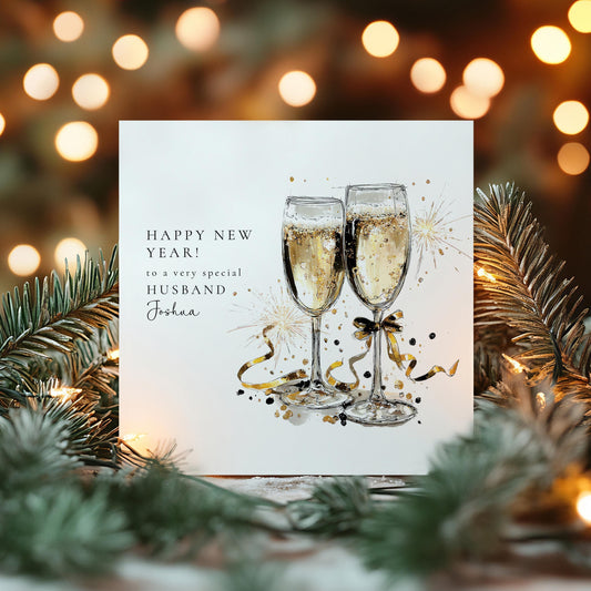 Husband New Year Card, Personalised Happy New Year Card, Champagne Glasses Card, Custom Name New Year Card for Husband, Printed Card UK