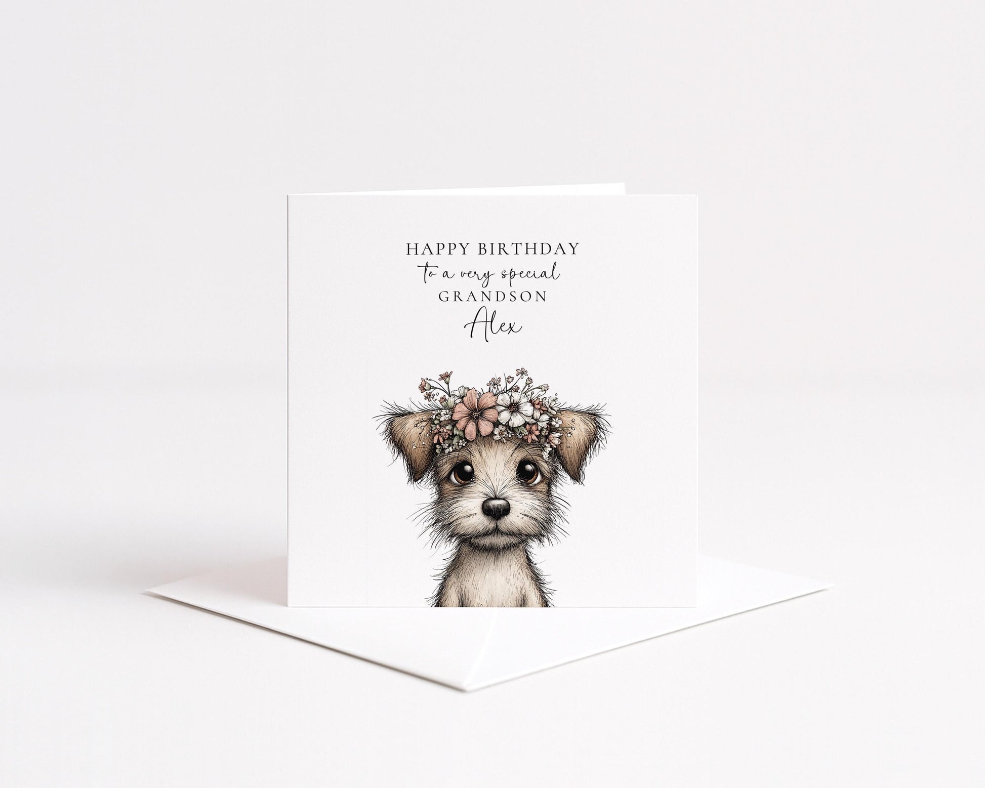 Grandson Birthday Card, Cute Puppy Birthday Card, Personalised Grandson Card, Floral Crown Dog Card, Printed Children’s Birthday Card