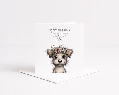Grandson Birthday Card, Cute Puppy Birthday Card, Personalised Grandson Card, Floral Crown Dog Card, Printed Children’s Birthday Card