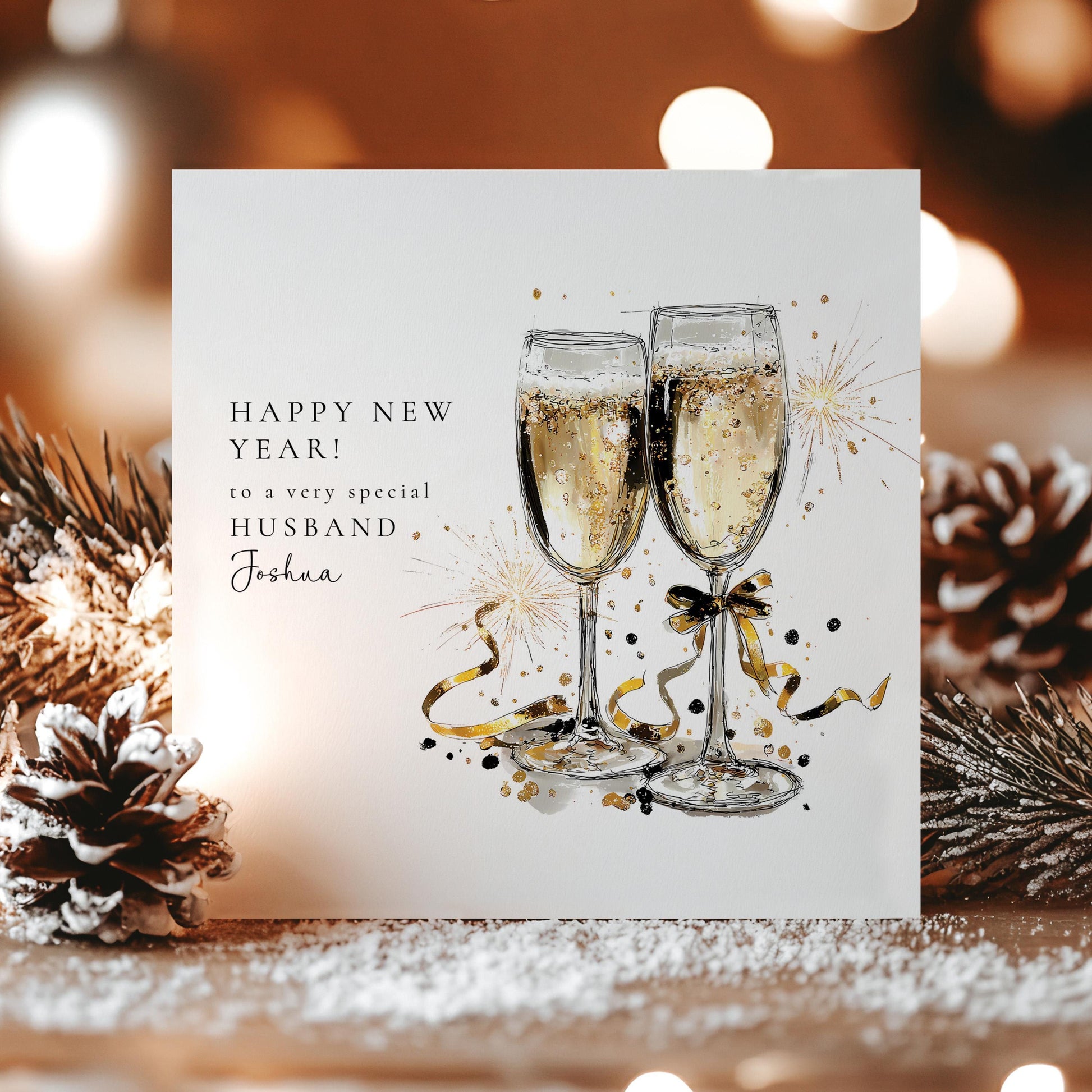 Husband New Year Card, Personalised Happy New Year Card, Champagne Glasses Card, Custom Name New Year Card for Husband, Printed Card UK