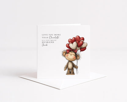 Husband Anniversary Card, Love You More Than Chocolate Card, Cute Monkey Love Card, Romantic Card for Husband