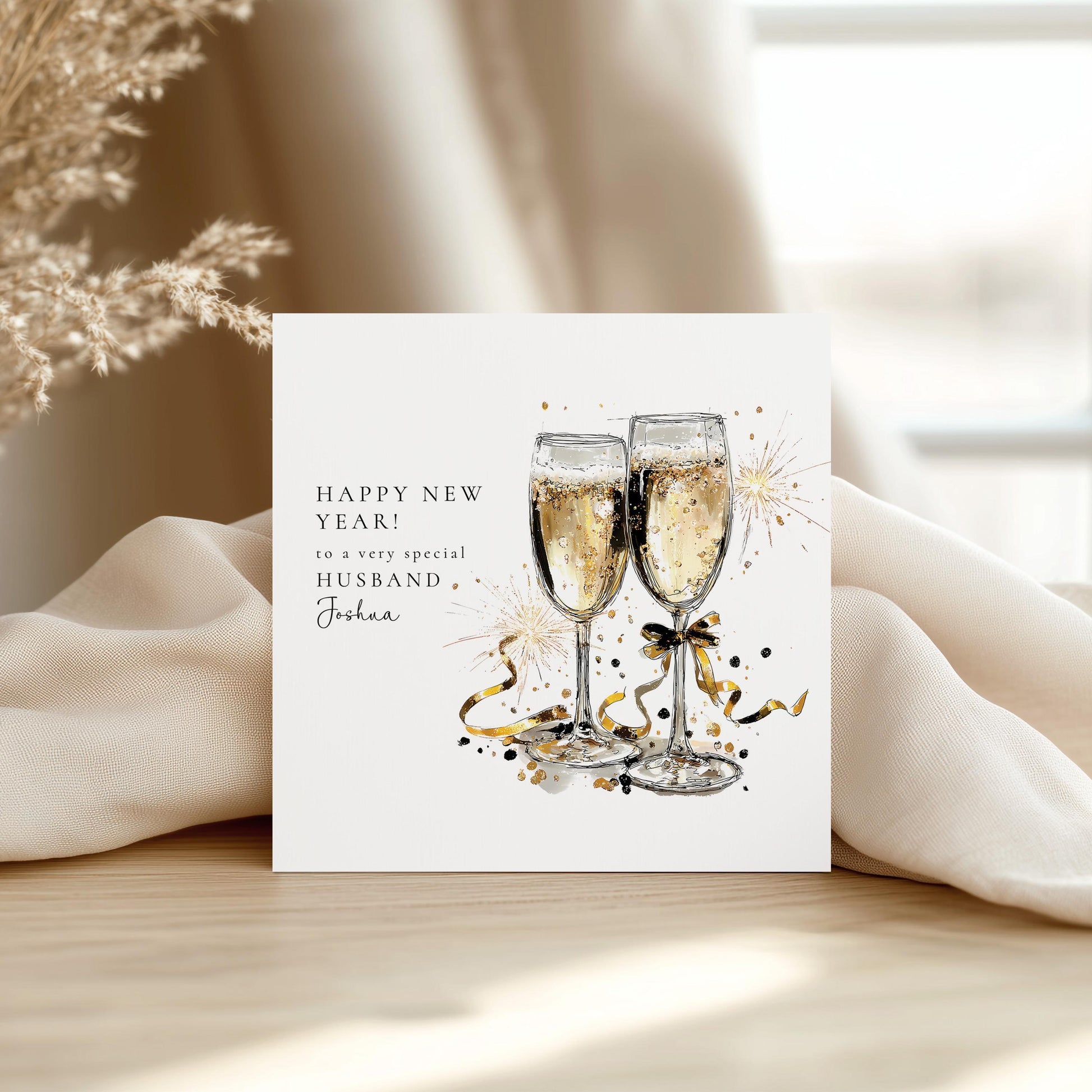 Husband New Year Card, Personalised Happy New Year Card, Champagne Glasses Card, Custom Name New Year Card for Husband, Printed Card UK