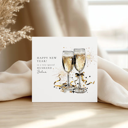 Husband New Year Card, Personalised Happy New Year Card, Champagne Glasses Card, Custom Name New Year Card for Husband, Printed Card UK