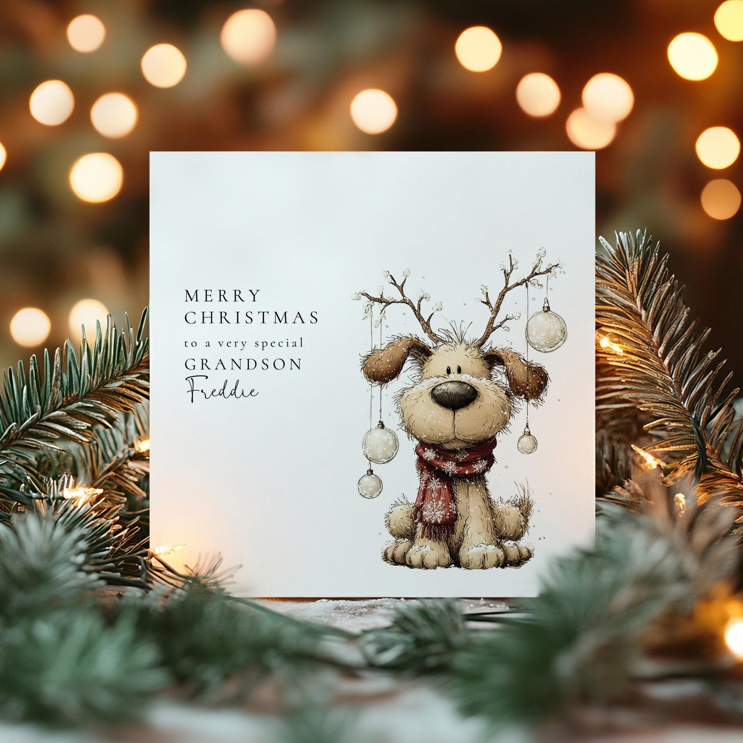 Personalised Grandson Christmas Card, Cute Dog Reindeer Card, Custom Name Xmas Card for Grandson, Kids Christmas Card