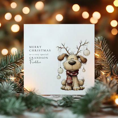 Personalised Grandson Christmas Card, Cute Dog Reindeer Card, Custom Name Xmas Card for Grandson, Kids Christmas Card